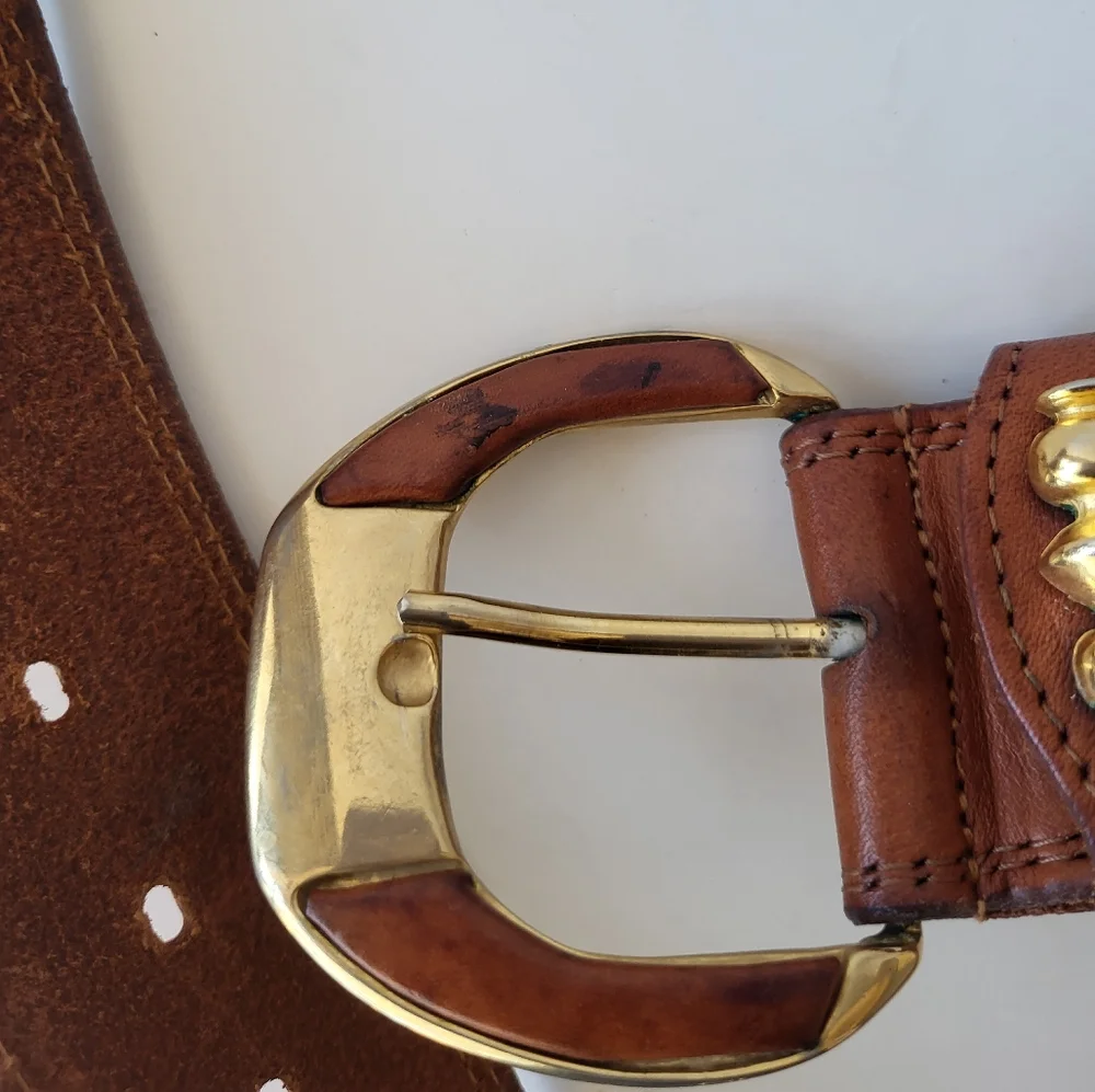 Conveyor women's belt tan cognac genuine leather brass buckle Italy